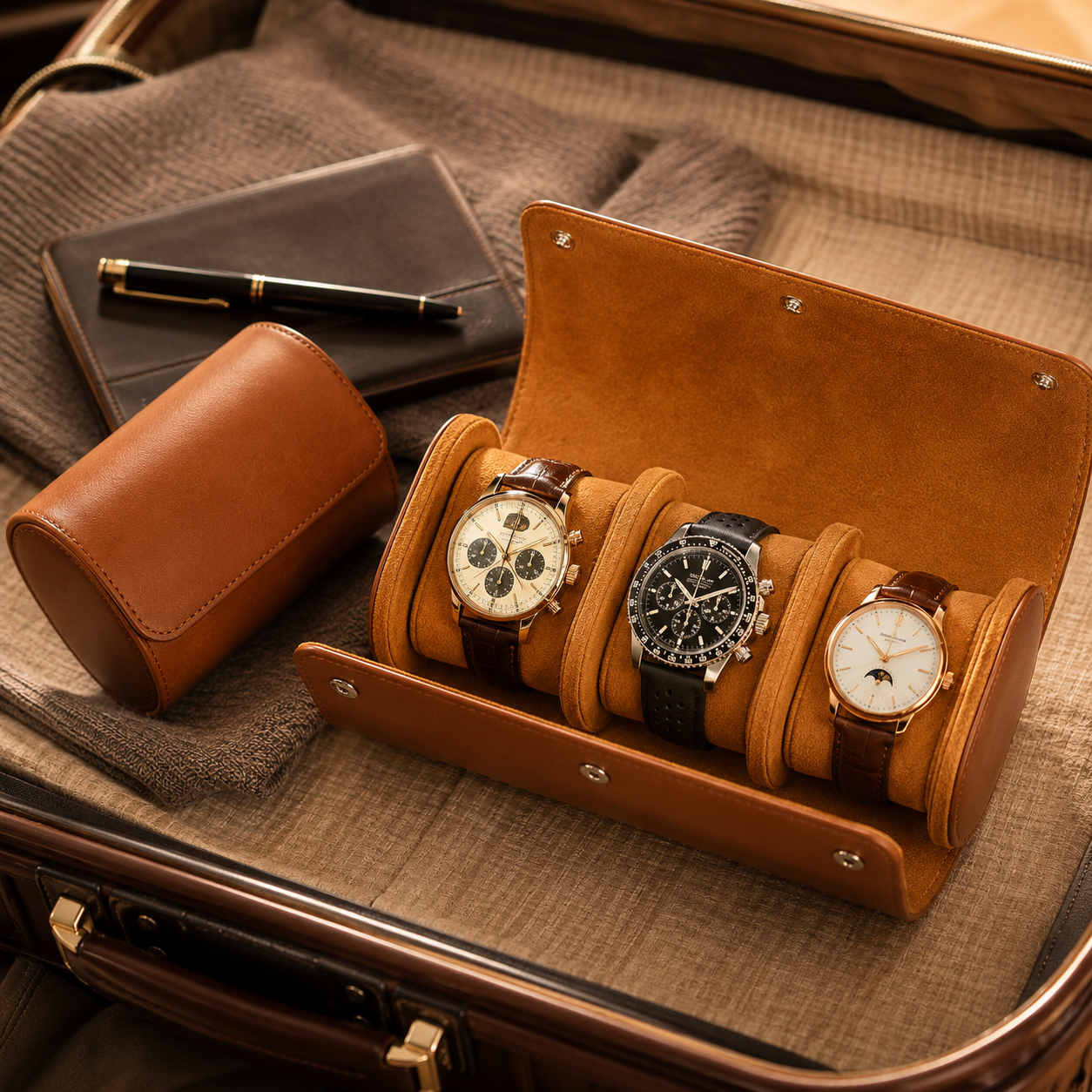 Genuine Leather Watch Roll — 1, 2 & 3 Slot Travel Case