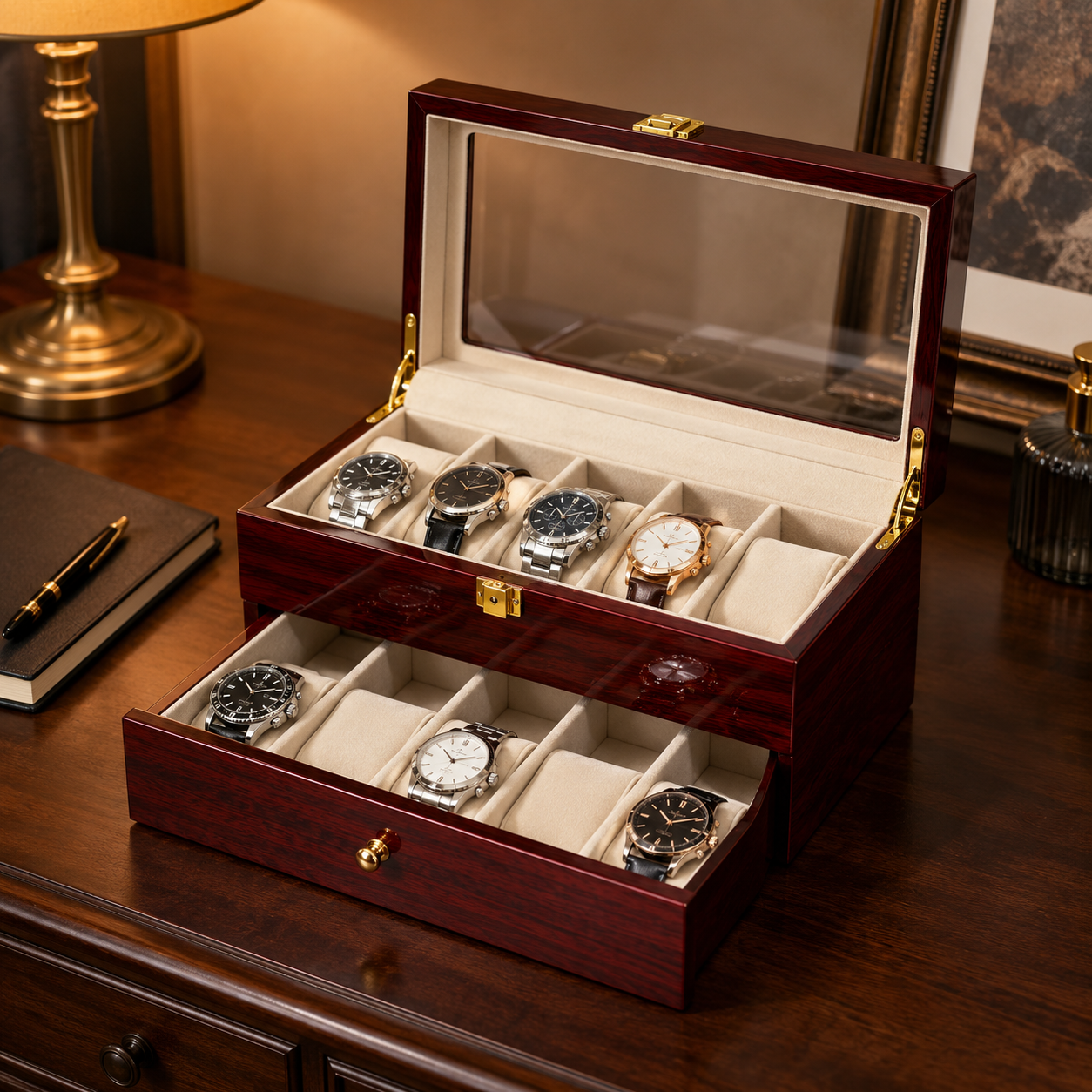 Wooden Watch Box with Removable Pillows — 1 to 12 Slots