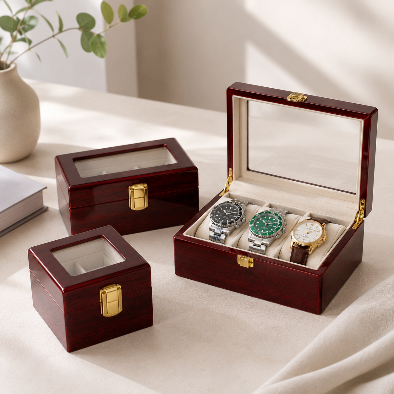 Wooden Watch Box with Removable Pillows — 1 to 12 Slots