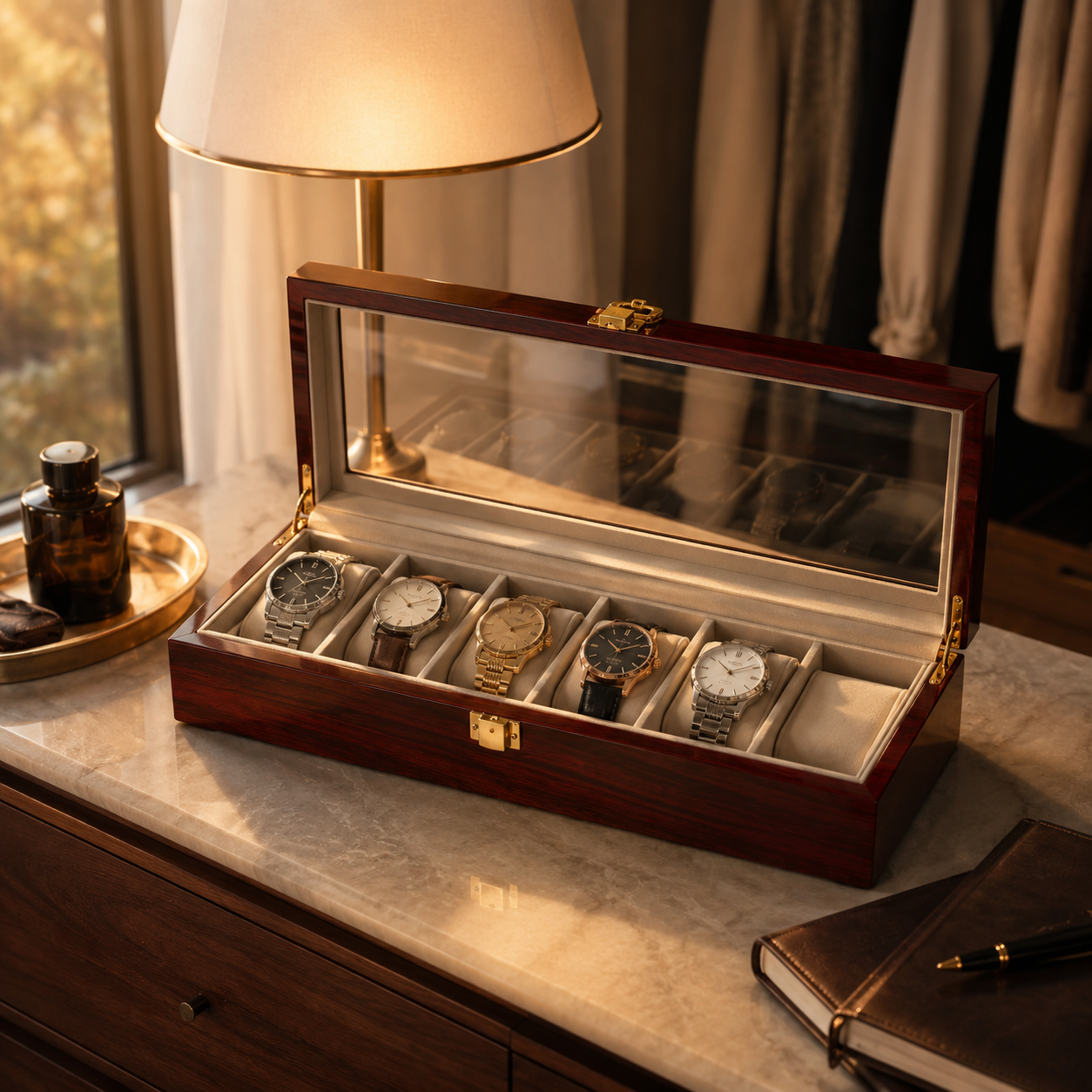 Wooden Watch Box with Removable Pillows — 1 to 12 Slots