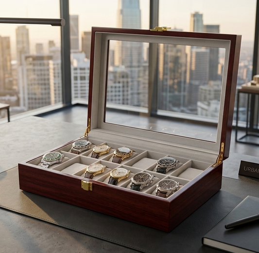 Wooden watch box with watches on a desk with a cityscape view