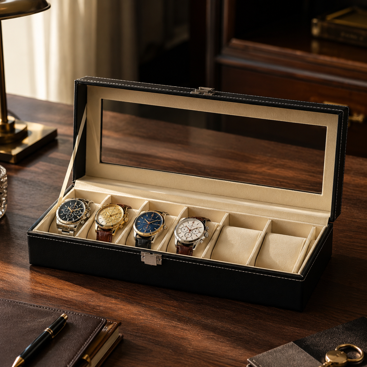 PU Leather Watch Box with Viewing Lid — 3, 6 & 12 Slot Organizer