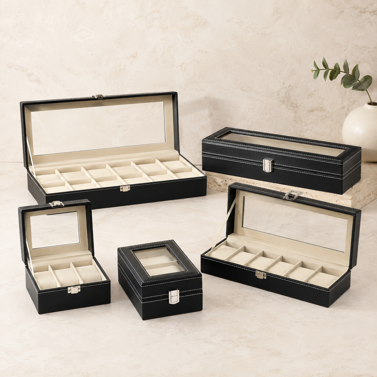PU Leather Watch Box with Viewing Lid — 3, 6 & 12 Slot Organizer