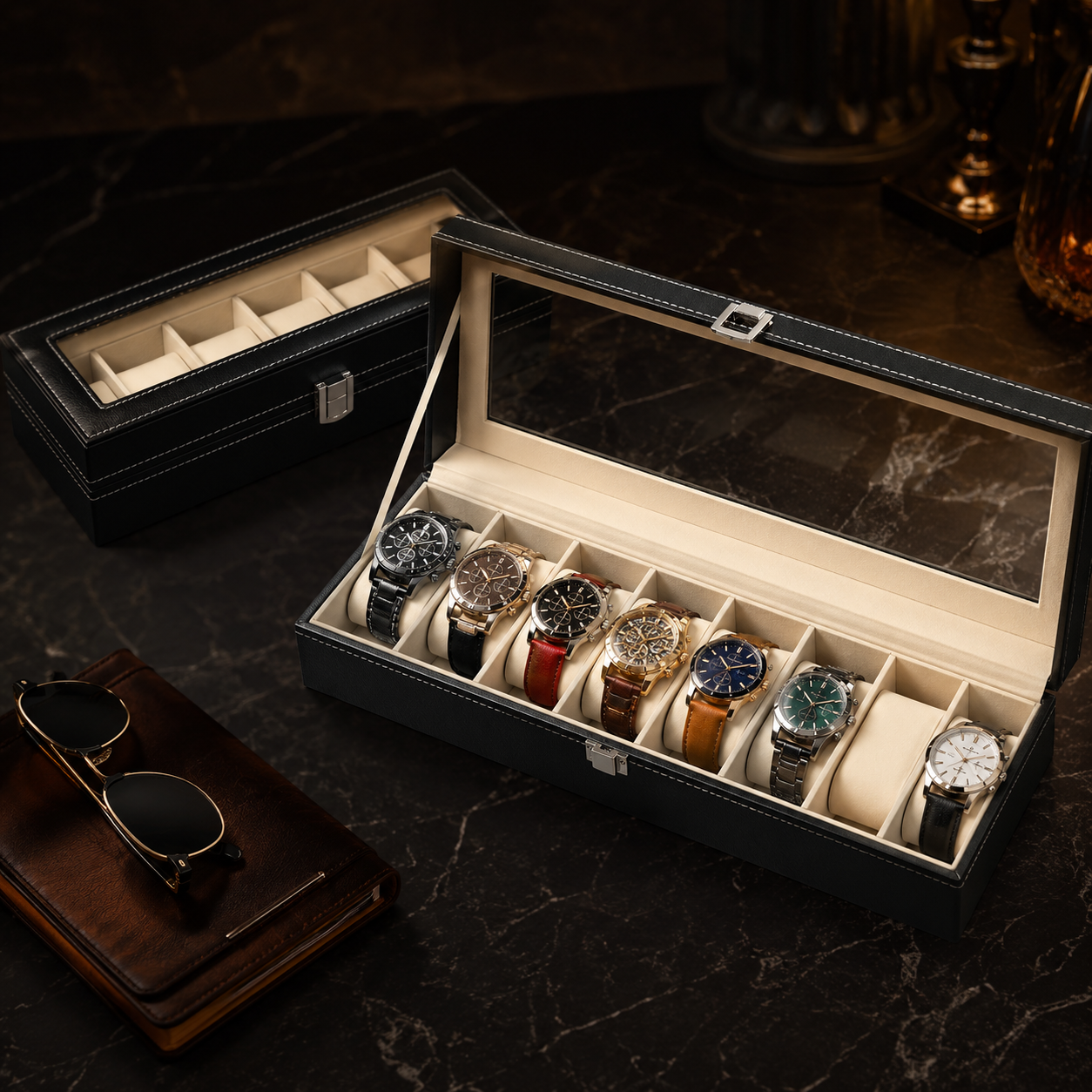 PU Leather Watch Box with Viewing Lid — 3, 6 & 12 Slot Organizer