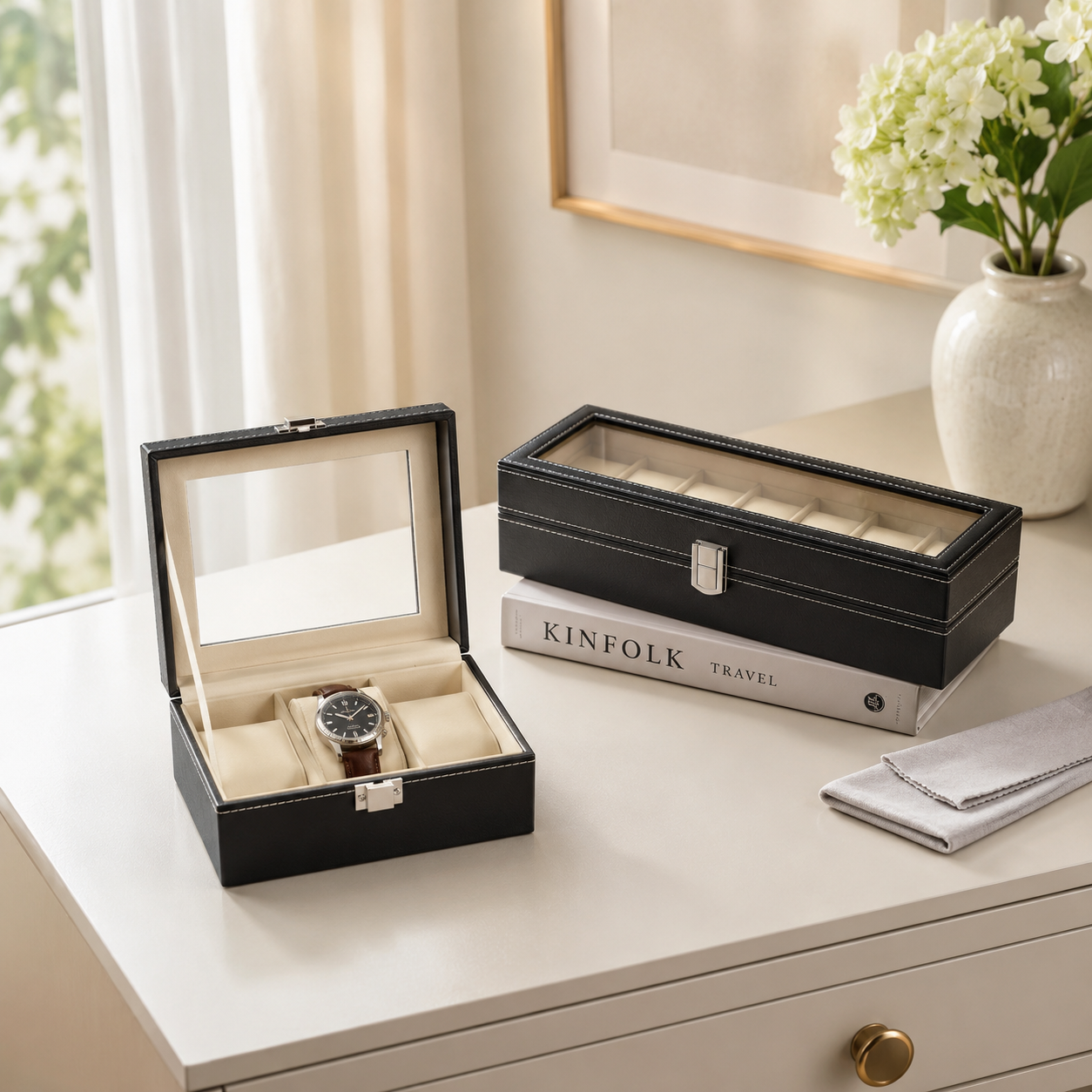 PU Leather Watch Box with Viewing Lid — 3, 6 & 12 Slot Organizer