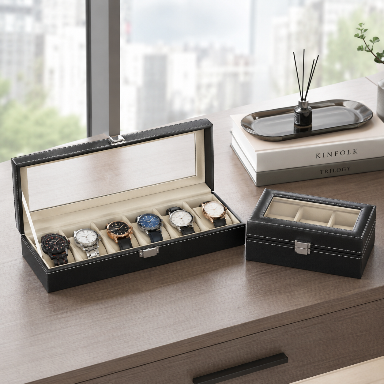 PU Leather Watch Box with Viewing Lid — 3, 6 & 12 Slot Organizer