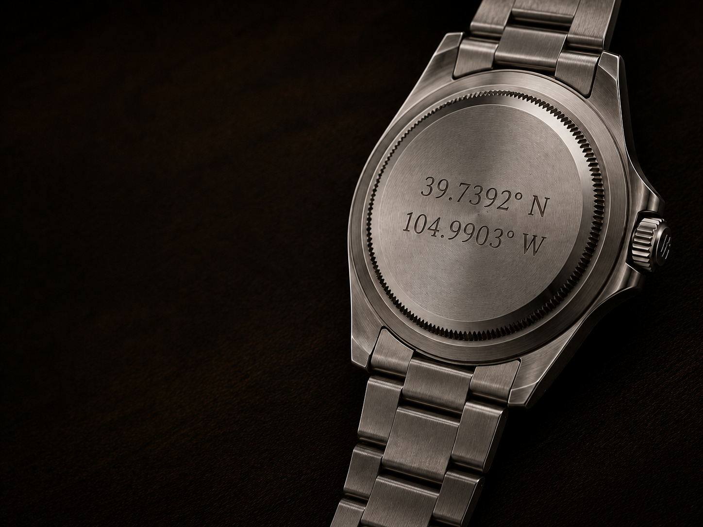 Silver watch with engraved coordinates on a black background