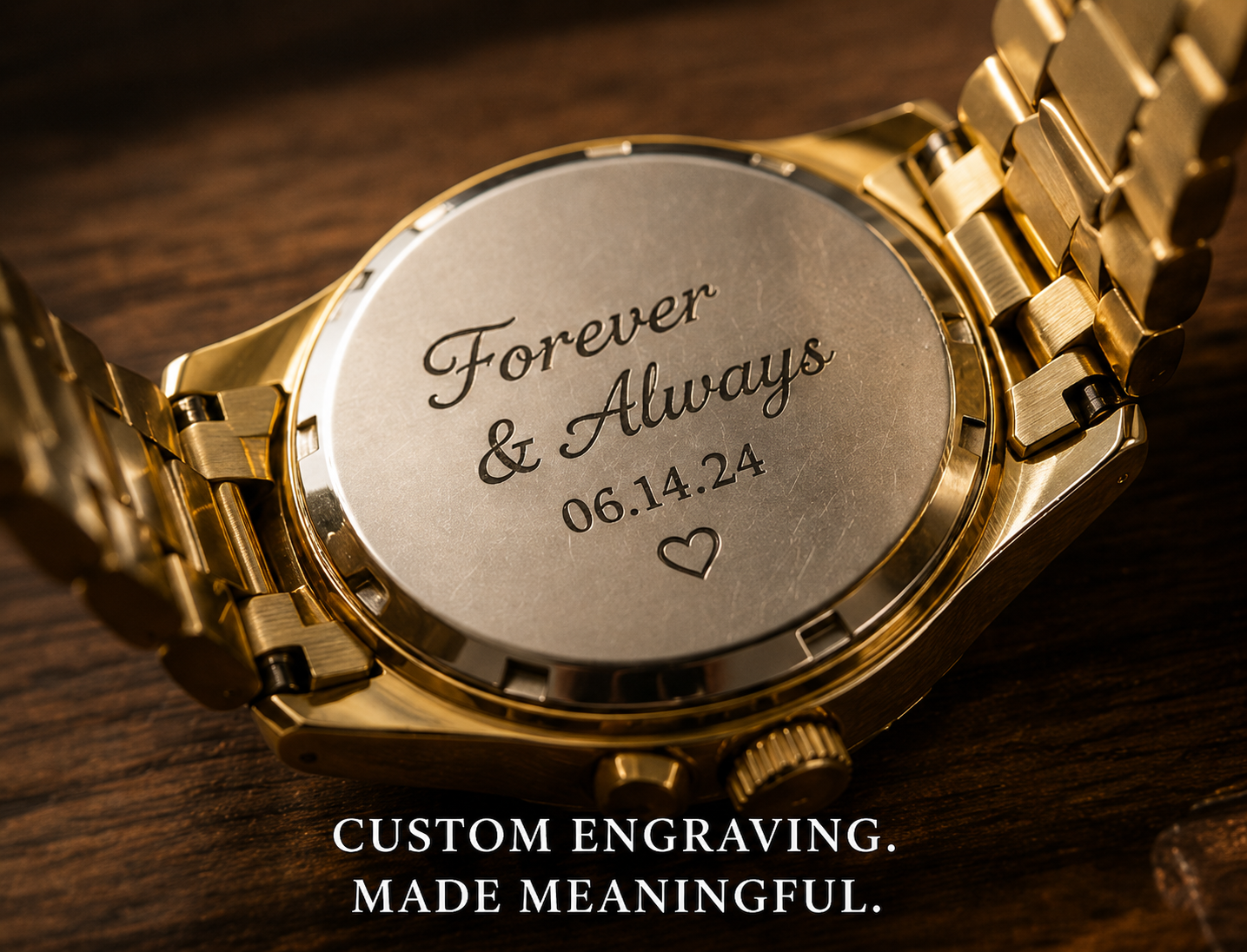 Custom CNC watch caseback engraving showing initials precision engraved on stainless steel