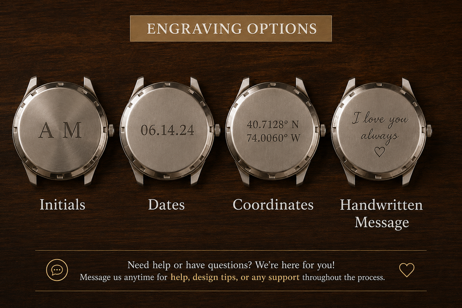 Handwritten message engraved on watch caseback personal gift for him