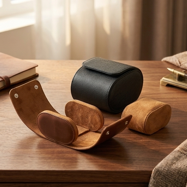 Wooden desk with leather-bound notebook, pen, and decorative items in a home office setting.