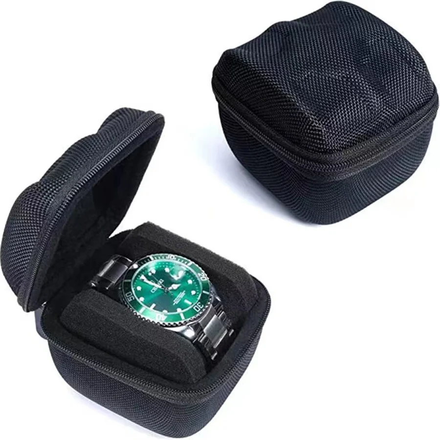 Watch box interior close-up showing soft fabric lining and removable pillow