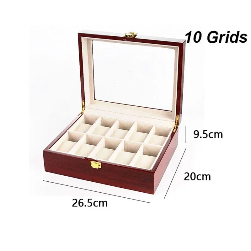 Black wooden 6-slot watch box closed showing lacquered exterior finish