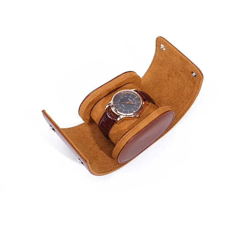 Black leather watch roll folded compact size showing portability