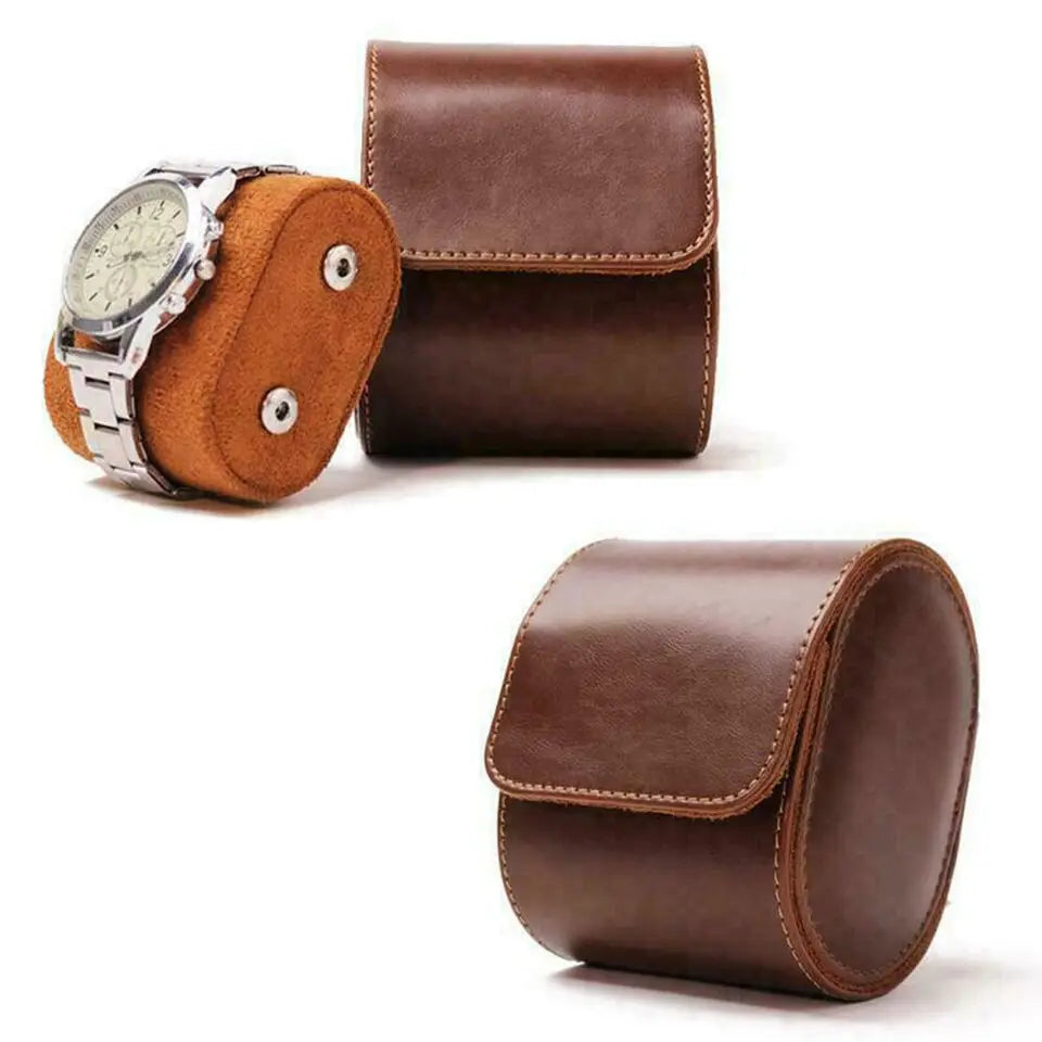 Vintage leather watch roll with watch inside ready for travel