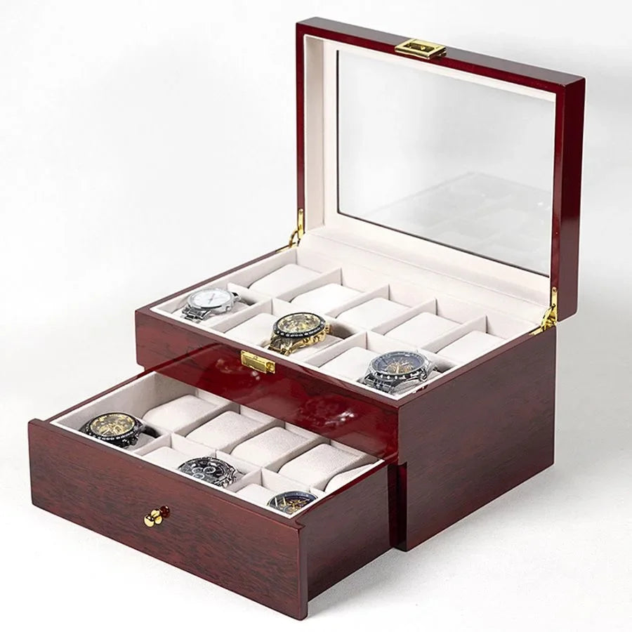 Watch storage box 10-slot red lacquered finish top view