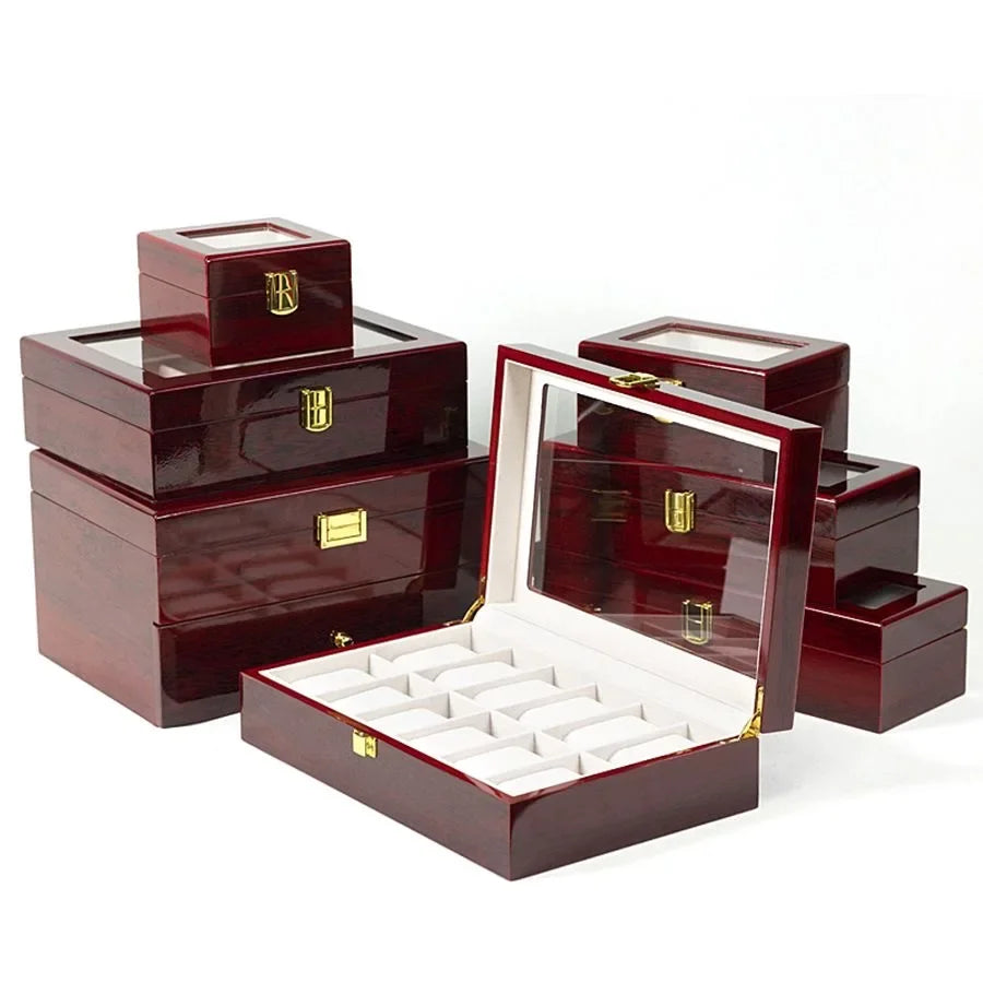 Wooden watch box with removable cushion pillow inserts, multiple slot view