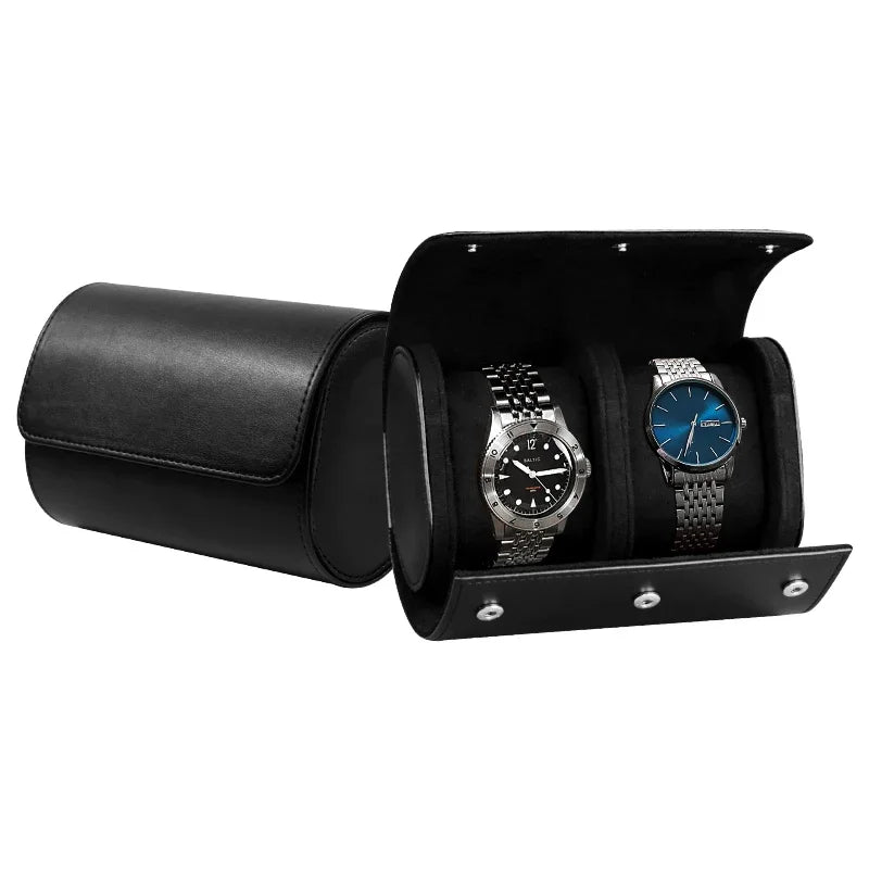 Genuine leather watch roll 2-slot open showing individual compartments