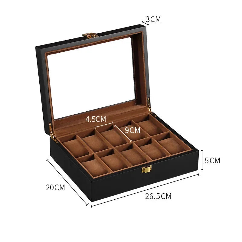 Watch display box 10-slot black exterior with hinged lid open