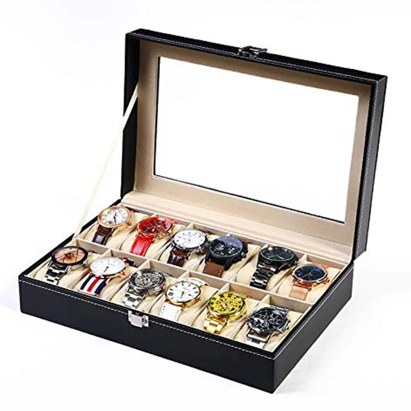 PU leather watch display tray 3-slot black exterior close-up