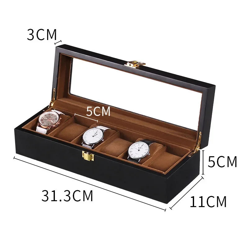 Red 12-slot wooden watch box open showing organized watch storage