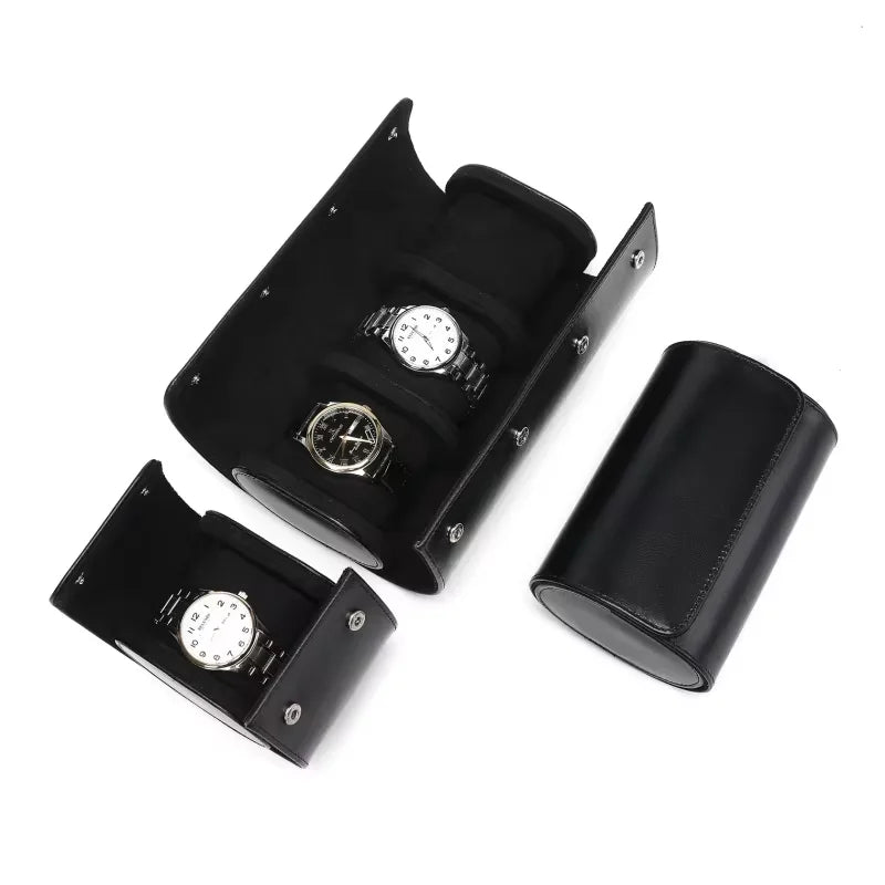 Black leather watch roll with wristwatch displayed in single slot