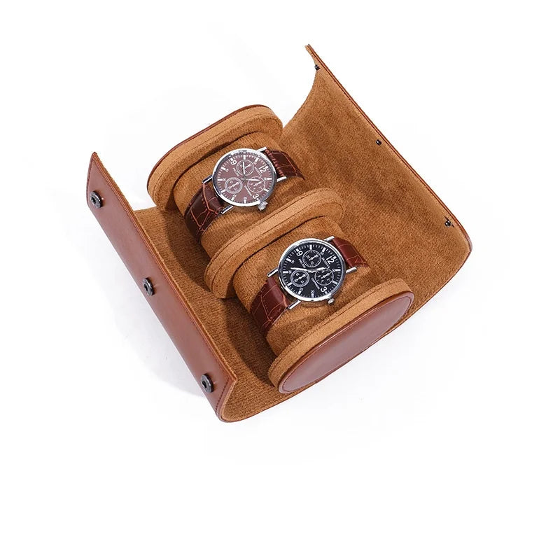 Brown leather 1-slot watch roll as gift presentation top view