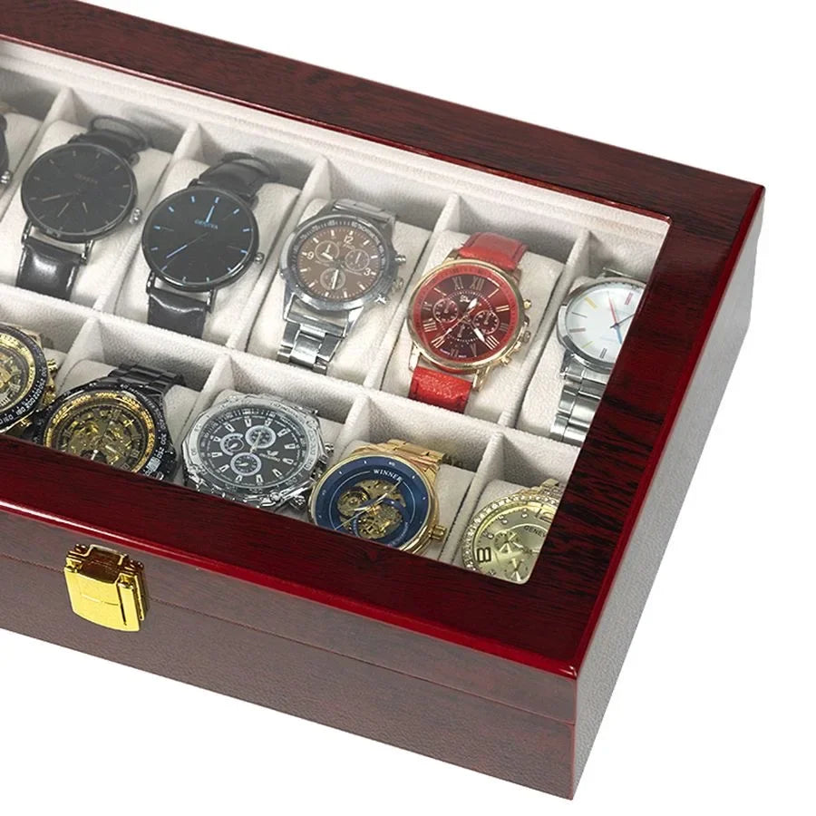 Wooden watch box 12-slot black finish closed lid side profile