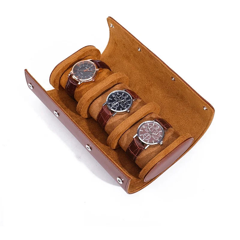 Leather watch roll black and brown color options side by side